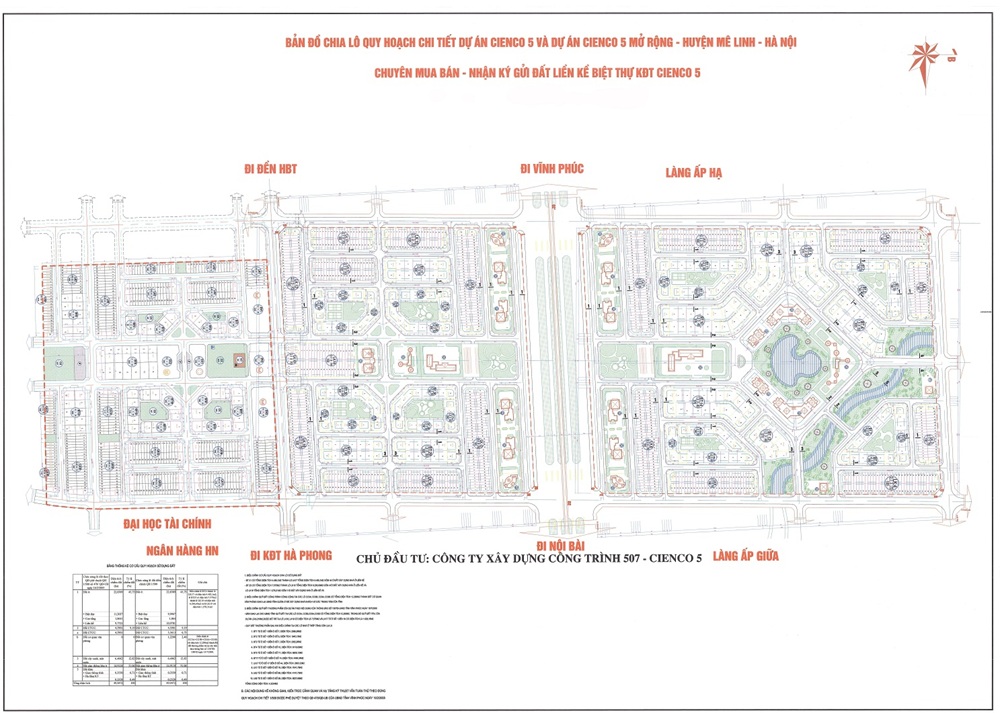 Mặt bằng quy hoạch khu đô thị Cienco 5 Mê Linh