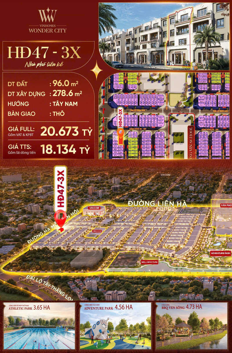 Liền Kề, Biệt Thự|Nhà phố liền kề HĐ47-3X, phân khu Hừng Đông, Vinhomes Đan Phượng